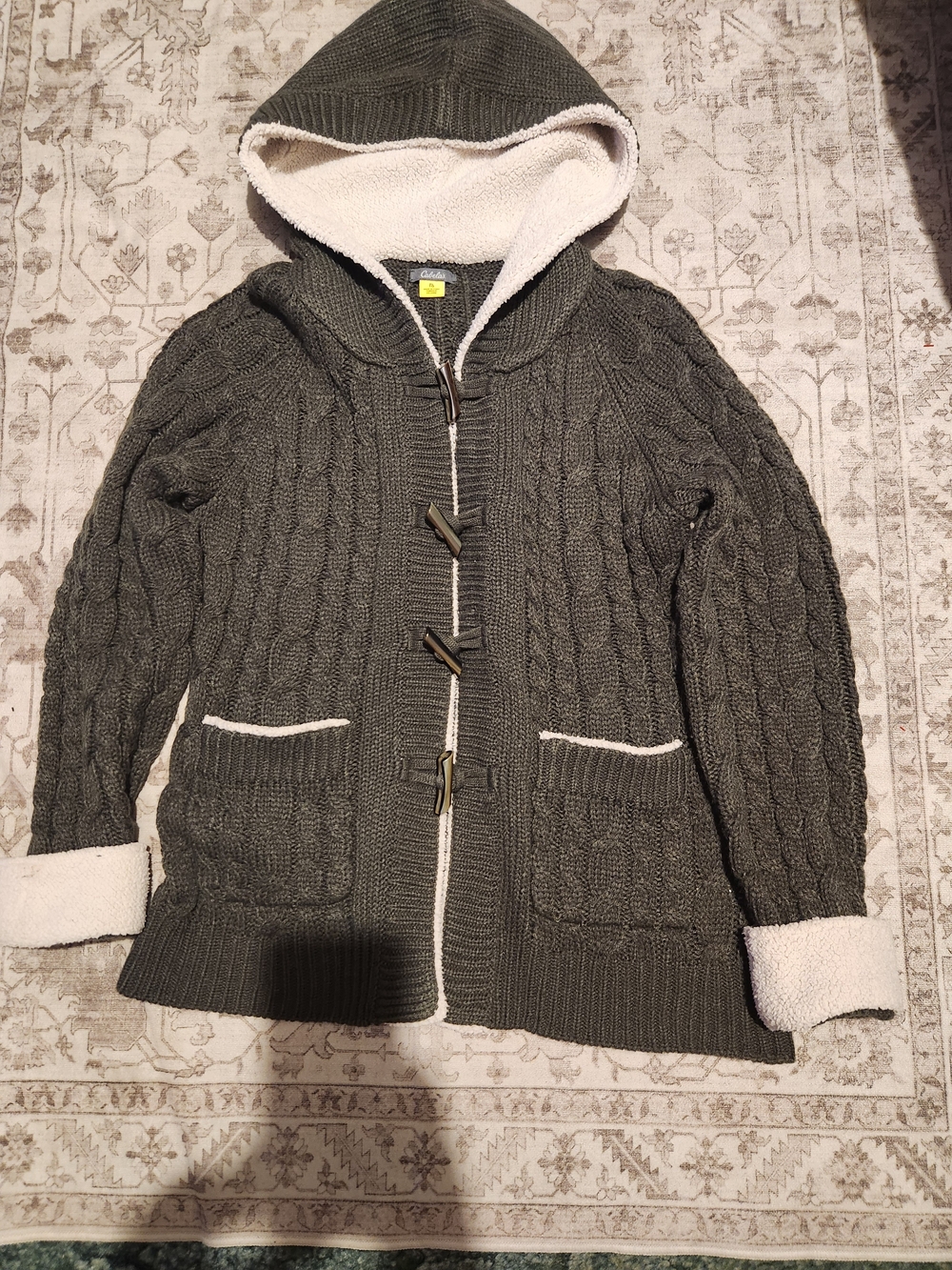 Cabela's Olive Cable-Knit Hooded Sweater with Cream Sherpa Trim
